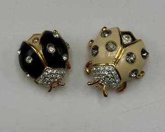 Joan Rivers Ladybug Pins – Black & Cream Enamel with Crystal Accents