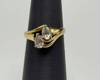 14K Yellow Gold Ring with Two Pear-Cut White Stones