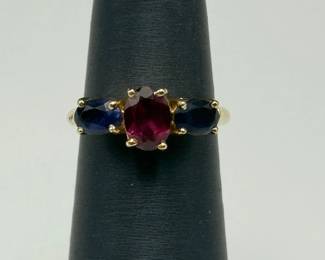 14K Yellow Gold Ring with Red & Blue Oval-Cut Stones