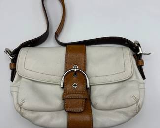 Coach White & Brown Buckle Flap Shoulder Bag