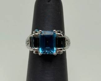 14K White Gold Ring with Blue Topaz & Natural Diamonds