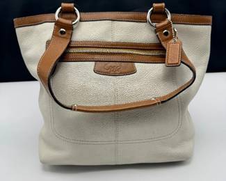 Coach White Pebbled Leather Tote with Tan Trim