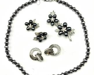 Nolan Miller Black Pearl & Crystal Floral Jewelry Set