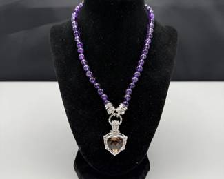 Judith Ripka Amethyst Bead Necklace with Smoky Quartz Heart Pendant