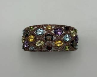 925 Sterling Silver Hinged Cuff Bracelet with Genuine Gemstones