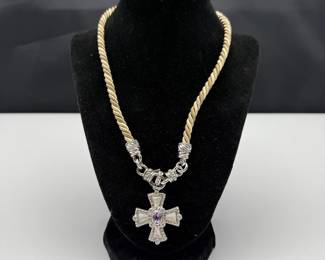 Judith Ripka Two-Tone Rope Necklace with Amethyst Cross Pendant