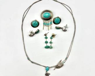 Native American Sterling Silver Jewelry (3) Piece Set – Necklace, Brooch & Earrings