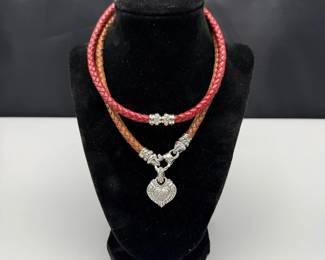 Braided Leather & Sterling Silver Heart Charm Necklace Duo