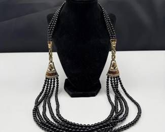 Multi-Strand Black Bead Necklace with Jeweled Tapered Accents in Original Blue Box
