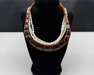 Freshwater Pearl Layered Necklace + Amber Necklace with 925 Earrings – Lot of 2 Necklaces & 1 Pair of Earrings