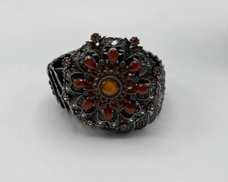 Vintage Ornate Floral Statement Belt in Silver-Tone Metal with Red and Amber Rhinestones