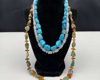 Turquoise & Amber Beaded Necklaces with Sterling Silver