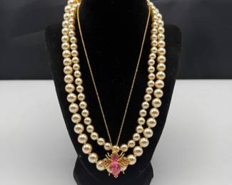 Joan Rivers Faux Pearl Bee & Pink Pendant Necklace Trio