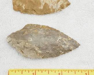 2" Archaic/Paleo Jasper Corner Notch & 2.5" Adze or Atlatle Point, Heavt Chert--Great Lakes