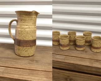 Pottery Pitcher with 6 Cups
