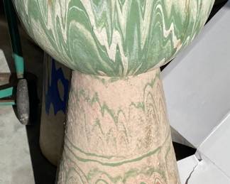 Large Green drip and Swirl Ozark Pottery Birdbath base with or without Large Green Pottery Jardiniere