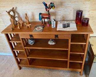 Quality USA LL Bean Wood display shelf with center drawer.