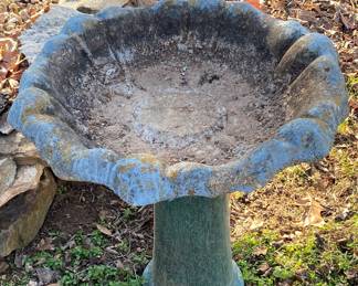 Teal colored Vintage Concrete bird bath.