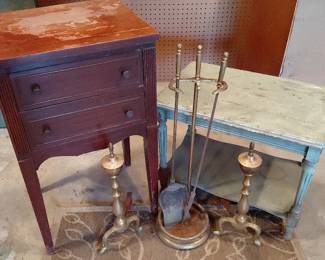 Pair Of Vintage Wooden Tables With Fireplace Tools