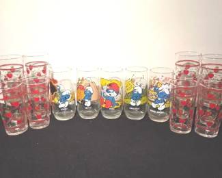 Vintage Collectible Smurf Glasses And Strawberry Patterned Drinking Glasses