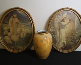Religious Lot Christ The Shepard, Christ At Hearts Door And Cherub Vase