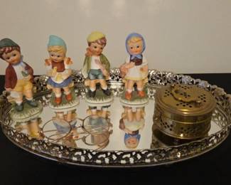 Vintage Porcelain Figurines On Glass Tray