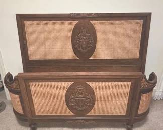 002 French Victorian Carved Wood And Cane Full Size Bed Frame