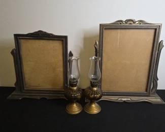 Vintage Swivel Picture Frames, Vintage Pair Amber Tinted Glass Oil Lamps