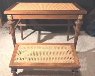 Vintage French Colonial Style Wooden And Cane Bench With Stool