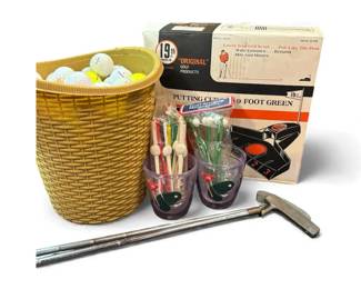 Vintage Golf Lot Putting Cup Set, Assorted Balls, Cocktail Stirrers, Putter More
