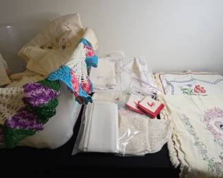 Needle Point, Dollies, Cloth Napkins Mystery Lot
