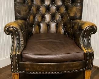 Leather Tufted Barrel Back Arm Chair With Nail Head Trim