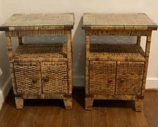 Two Vintage Rattan Side Tables With Glass Top