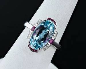 4.13ct Aquamarine, 0.44ctw Ruby and 0.08ctw Diamond Platinum Ring