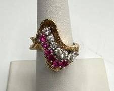 Vintage Sterling Silver Gold-tone Ring with Red and White Cluster Stones | Total Weight 7 grams size 6.5