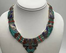 Sterling Silver Himalayan-Style Turquoise/Coral/Lapis Inlaid Bib Necklace | Total Weight 74.5 grams