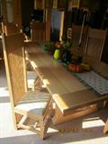 Custom made, white oak, Frank Lloyd Wright inspired dining room table, 8 Bexley Heath chairs.