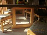 Custom made, white oak, Frank Lloyd Wright inspired dining room table, 8 Bexley Heath chairs.