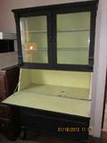 Desk, with book shelf, flip front desk, black with mint green interior.