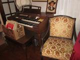 Story and Clark Organ, piano and organ music, vintage chair