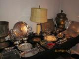Pewter, silver plate serving pieces, toll painting, bake lite flatwear, Flatwear marked USN