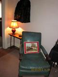 Vintage Naugahyde chair, sheared beaver cape, Van Briggle Lamp??