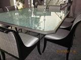 Dining room table, crackle glass top, custom made table and chairs. 8 chairs, glass tables, 72 X72 square.