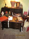 Antique Flip front desk, reproduction mechanical banks