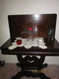 Antique Flip top table, Flips to game table or card table size. Opened up along the wall, square cake plate.