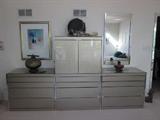 Contemporary Bedroom Set: Platform bed with headboard and nightstands, matching 3 piece dresser/chest unit.