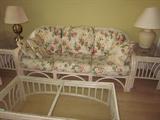 Rattan living room set, coffee table, end tables, lamps, sofa, chair and ottoman