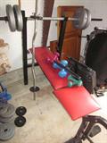 Weight bench, weights, curling bar, bench press bar