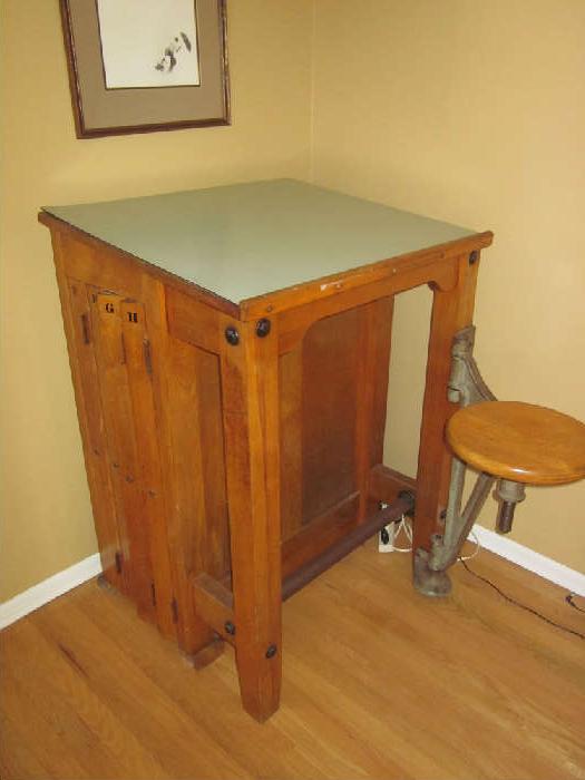 Antique Drafting Table, storage in the sides.