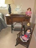 Antique Dolls, rocker, Singer sewing machine